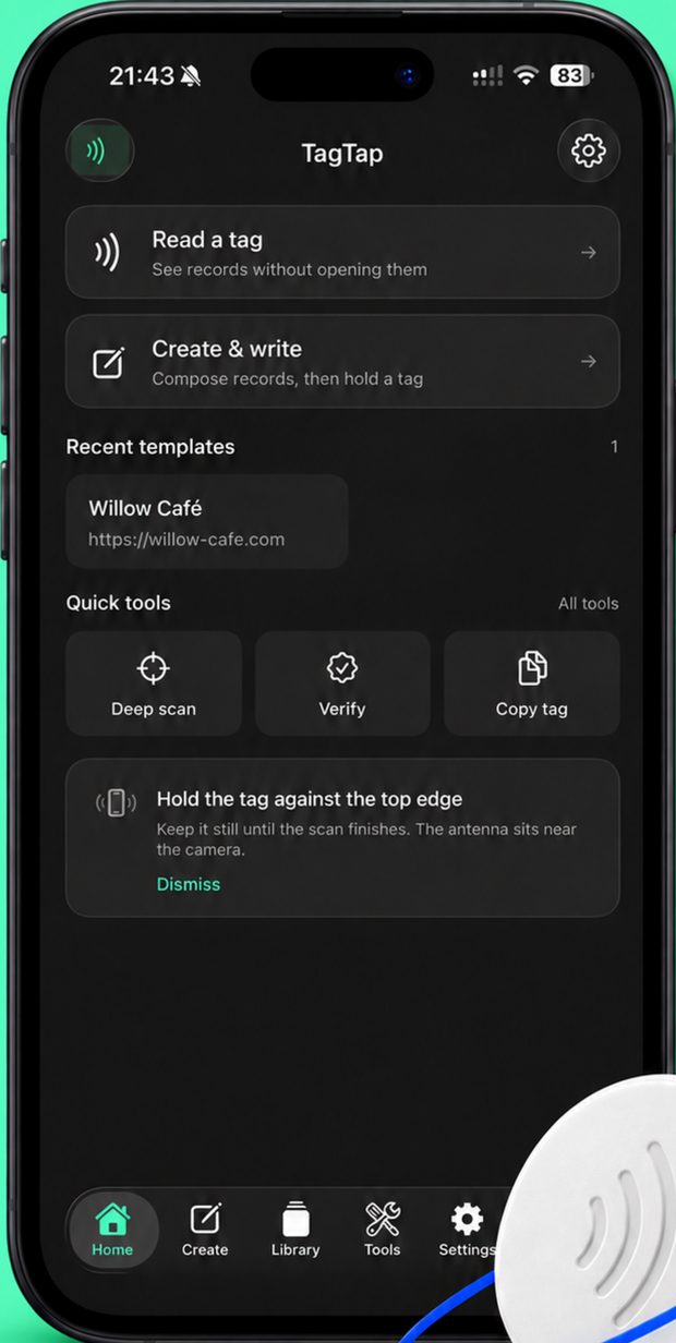 TagTap home screen showing Read a tag, Create and write, recent templates and quick tools.