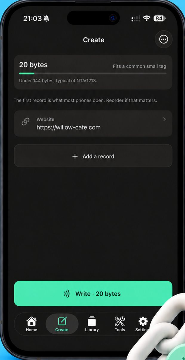 Record editor showing a website URL being composed for a tag.